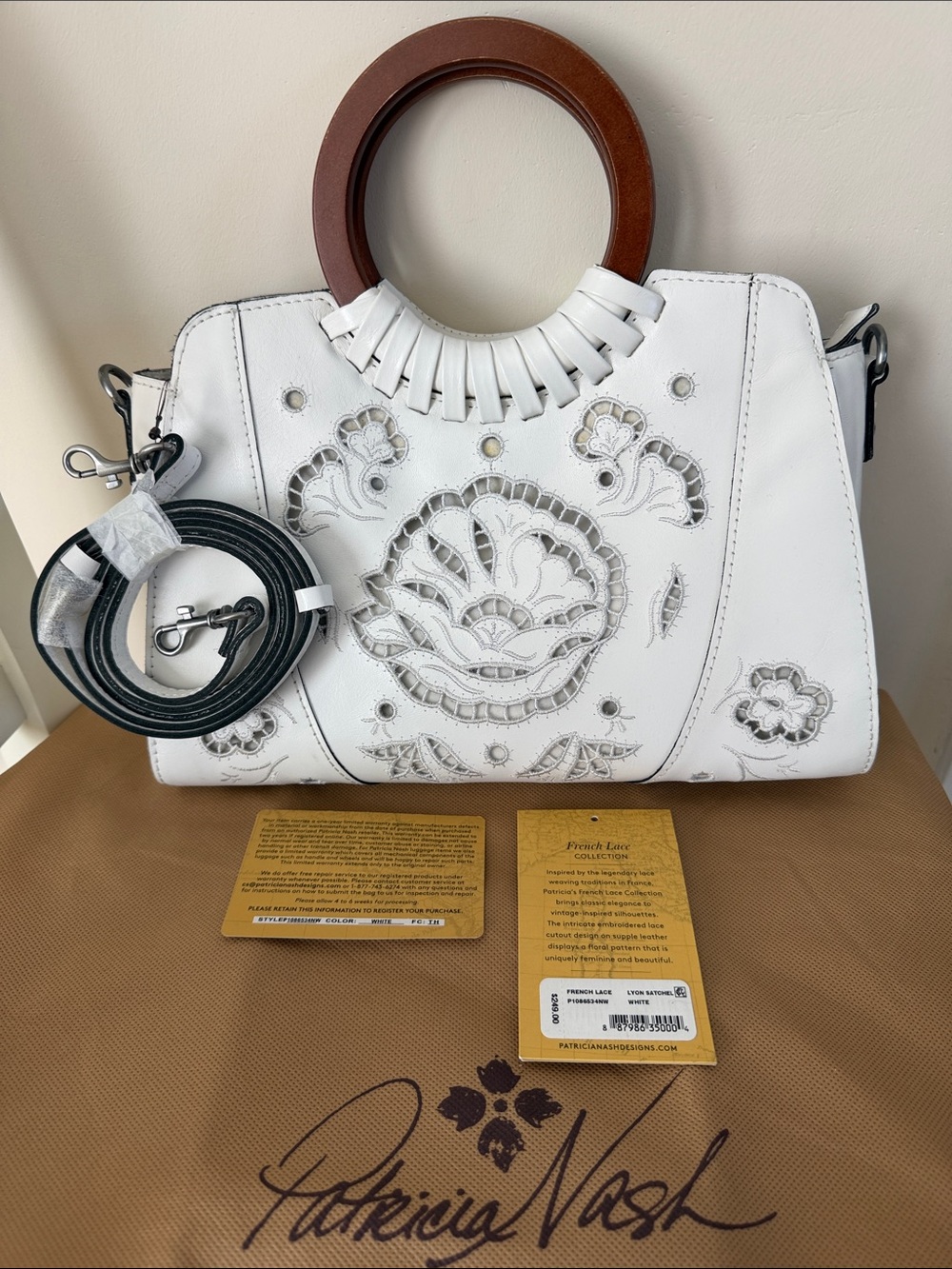 Patricia Nash French Lace Lyon Leather Satchel in White with Wood Top Handle